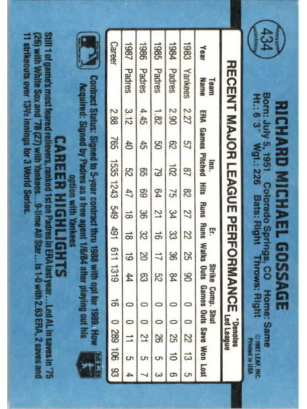 1988 Rich Gossage Donruss Baseball Card #434